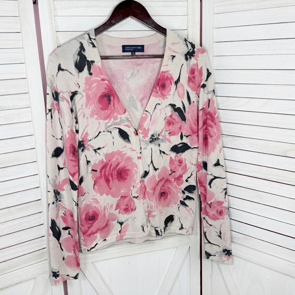 Jones New York Floral Silk Blend V Neck Cardigan Sweater‎ Cream Pink Medium - Picture 7 of 12